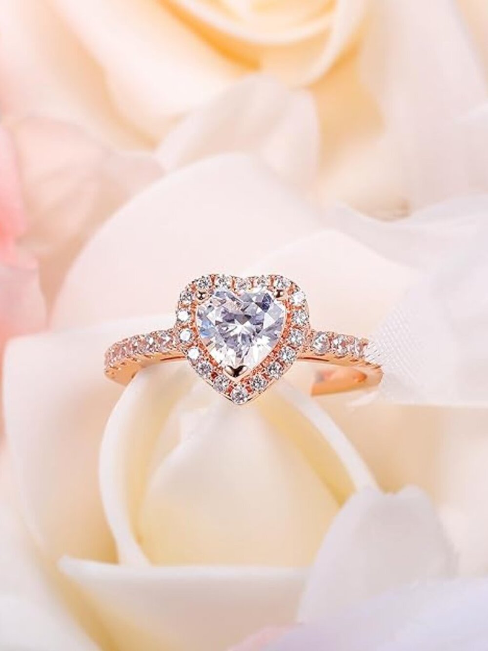 18K Rose Gold and White Diamond Cubic Zirconia Halo Heart Engagement Ring - Picture 2 of 7